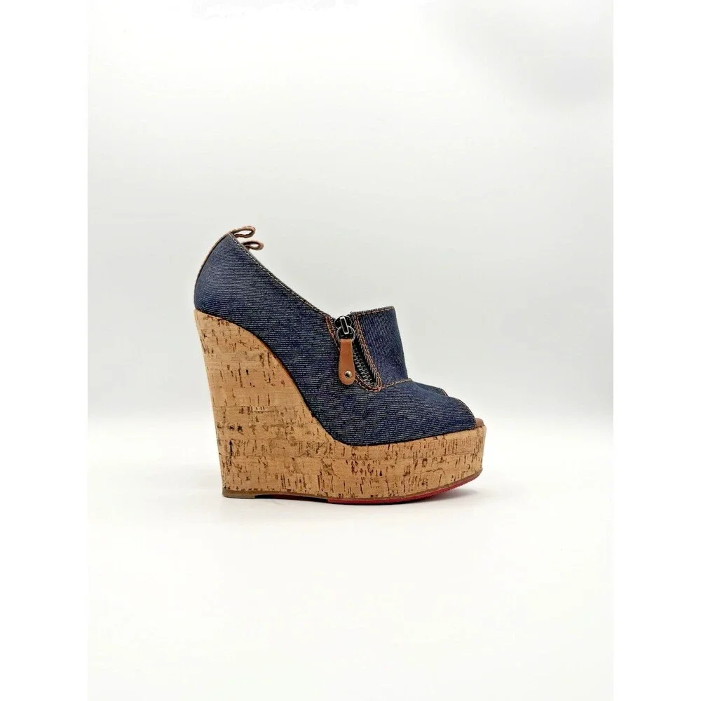Christian Louboutin Denim Peep Toe Cork Platform Wedge Heels Size EU 36